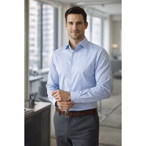 Armani Collezioni Mens Light Blue Micro Check Cotton Dress Shirt 15.5 39 L